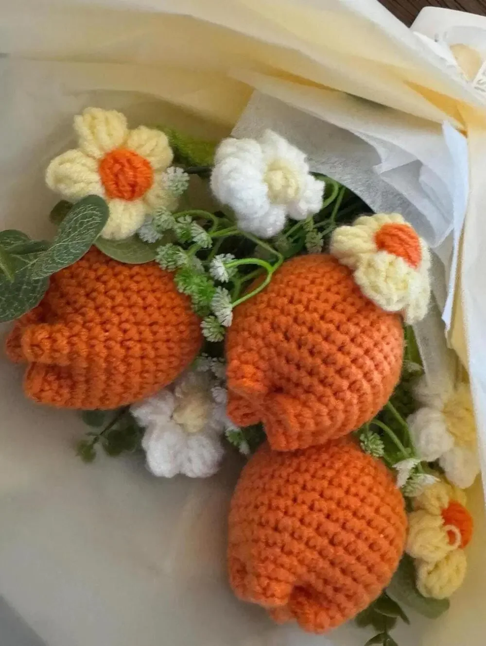 Fake Tulip Bouquet, Cream Tissue Wrapped, Non Wilting Flowers, Crochet Home